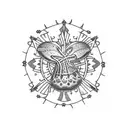A dotwork tattoo of a scallop shell with a Saint James cross etched inside, symbolizing your love for walking and spiritual connection tattoo design idea