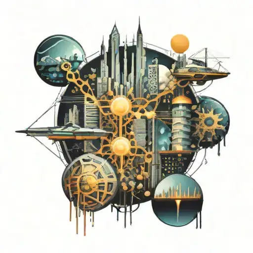 A futuristic cityscape with neural network connections intertwined throughout tattoo design idea
