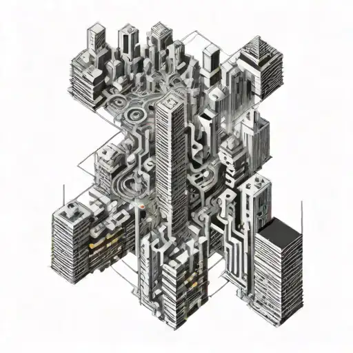A futuristic cityscape with neural network connections intertwined throughout tattoo design idea