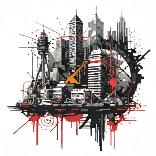 A futuristic cityscape with neural network connections intertwined throughout tattoo design idea