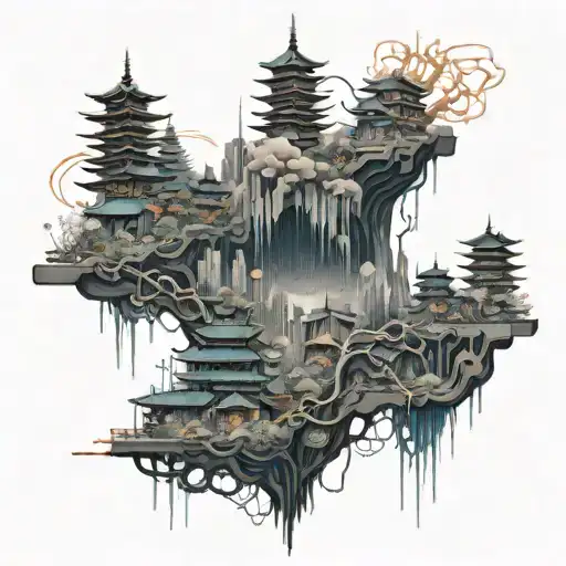 A futuristic cityscape with neural network connections intertwined throughout tattoo design idea