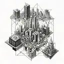 A futuristic cityscape with neural network connections intertwined throughout tattoo design idea