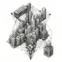 A futuristic cityscape with neural network connections intertwined throughout tattoo design idea