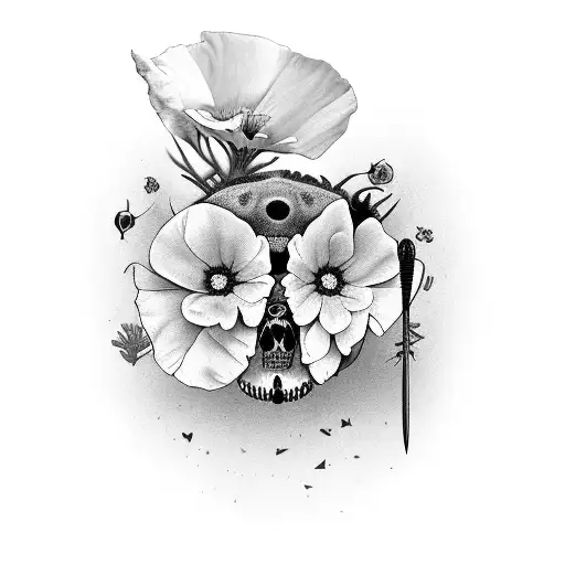 two california poppies below a memento mori death head moth, broken roman numeral clock behind dogwood flowers tattoo design idea