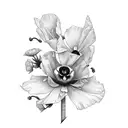 two california poppies below a memento mori death head moth, broken roman numeral clock behind dogwood flowers tattoo design idea