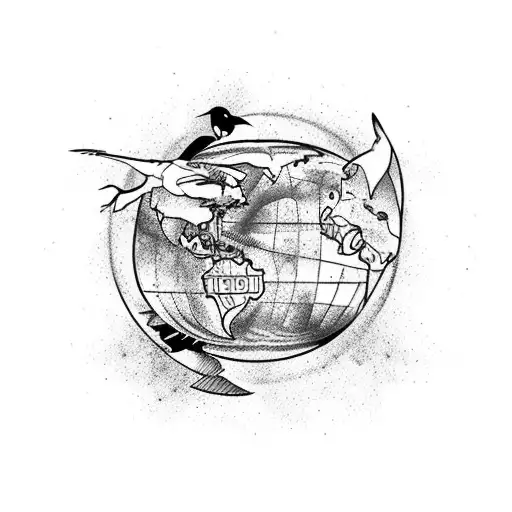 two ravens circling around the globe tattoo design idea
