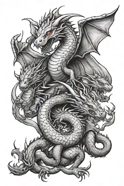  realistic  mama dragon and two baby dragons flying tattoo design idea