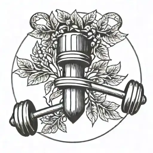 A minimalist tattoo of a barbell with a Greek laurel wreath intertwined around it tattoo design idea