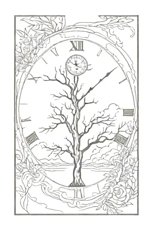 tree, clock face tattoo design idea