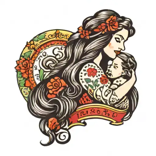 mother and child with long hair tattoo design idea