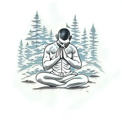 A serene scene of a person kneeling in prayer amidst a beautiful forest tattoo design idea