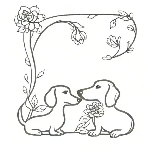 two dachshunds with flowers blooming tattoo design idea