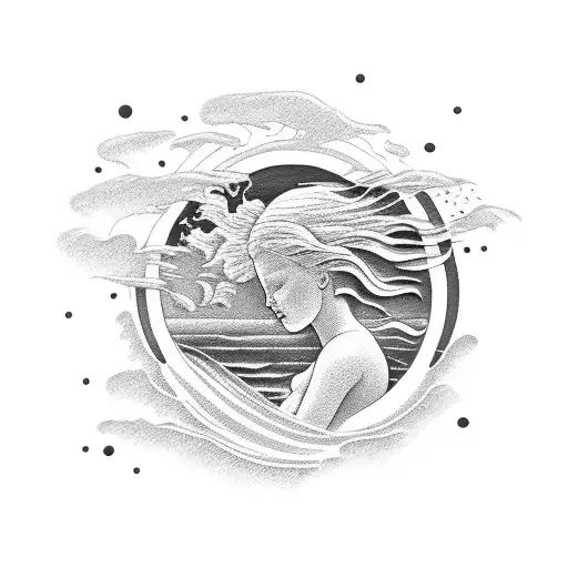 A serene beach scene with the birth of Venus emerging from the waves tattoo design idea