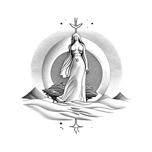 desert landscape with the birth of Venus emerging from the sand tattoo design idea
