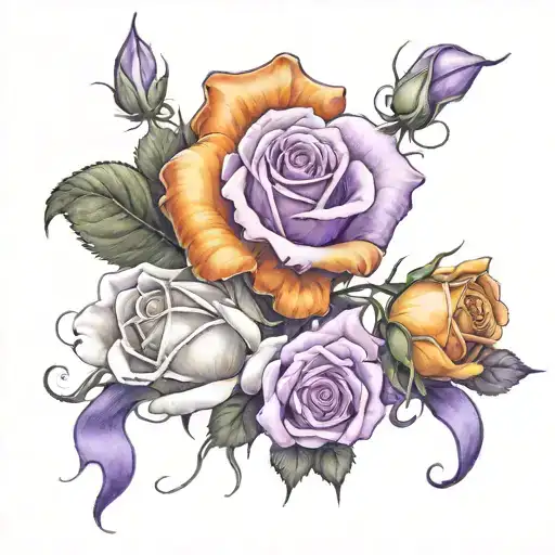 One rose that is white and orange; one rose that is pink and white; roses intertwined with purple ribbon tattoo design idea