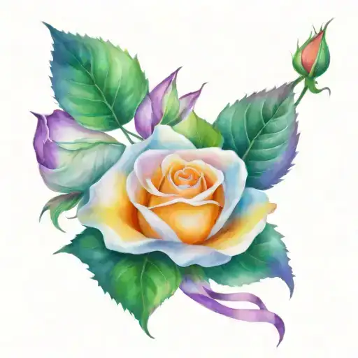 One rose that is white and orange; one rose that is pink and white; roses intertwined with purple ribbon tattoo design idea