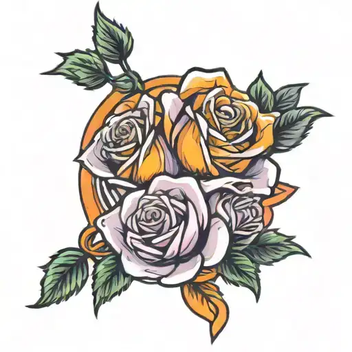 One rose that is white and orange; one rose that is pink and white; roses intertwined with purple ribbon tattoo design idea
