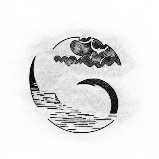 minimalist black and white tattoo design of a crescent moon with a river flowing toward it tattoo design idea