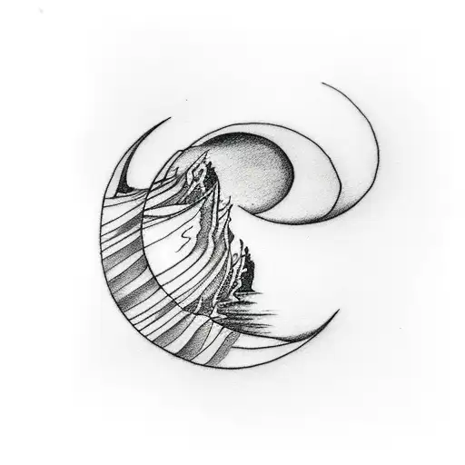minimalist black and white tattoo design of a crescent moon with a river flowing toward it tattoo design idea
