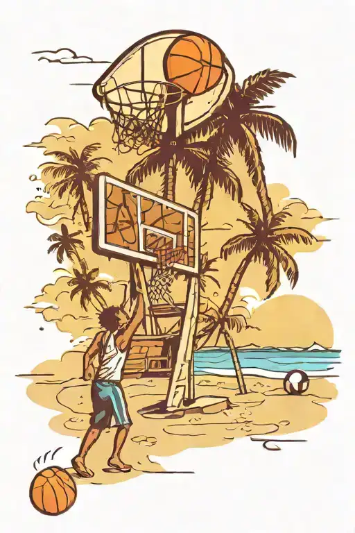 A beach scene in Venezuela with a basketball hoop set up on the sand, blending the client's love for the beach, basketball, and their home country tattoo design idea