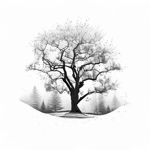 Peaceful everlast tree in the mountains tattoo design idea