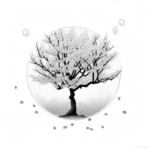 Cherry Blossom Tree in the middle of a field surrounded by normal small green trees tattoo design idea