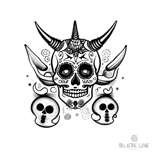 sugar skull with horns surrounded by mandala mushrooms  tattoo design idea