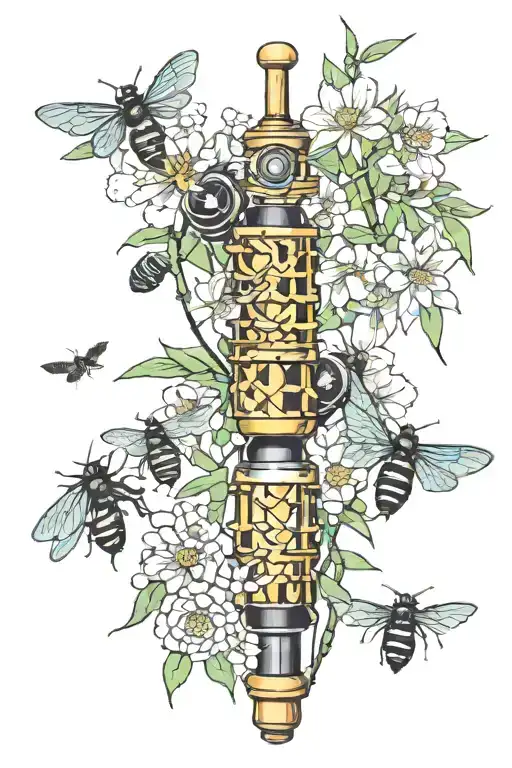 bamboo forest with honey comb and bees flying and microphone tattoo design idea