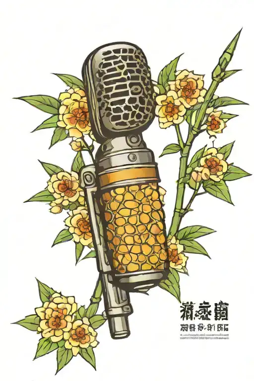 microphone with honey comb background and japanese bamboo forest tattoo design idea