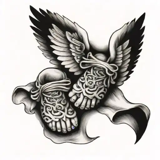 baby feet and angel wings wrapped tattoo design idea