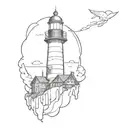 Incorporate the Lighthouse from Bioshock Infinite with a police car in a minimalist tattoo design tattoo design idea