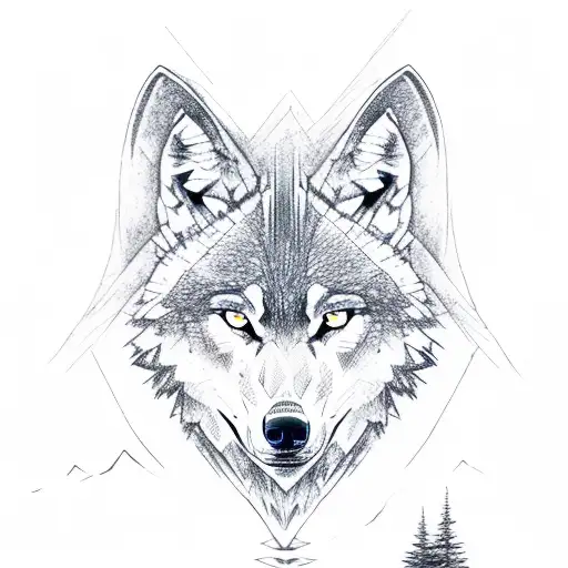 two mountain, one wolf with the scoutboy, and a camping tend with fire tattoo design idea