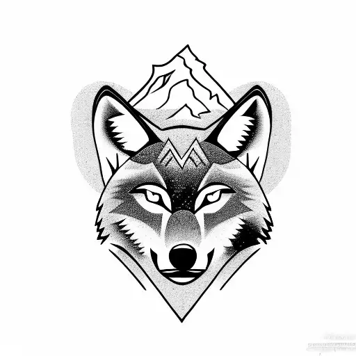 two mountain, one wolf with the scoutboy, and a camping tend with fire tattoo design idea