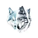 two mountain, one wolf with the scoutboy, and a camping tend with fire tattoo design idea