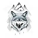 two mountain, one wolf with the scoutboy, and a camping tend with fire tattoo design idea