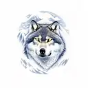 two mountain, one wolf with the scoutboy, and a camping tend with fire tattoo design idea