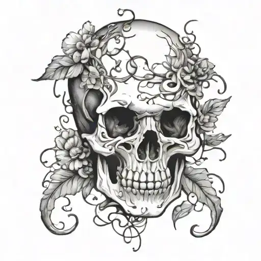 A blackwork tattoo of a skull intertwined with vines and flowers inspired by horror movies tattoo design idea