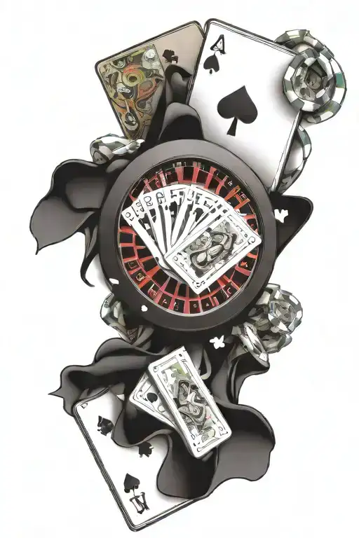 A roulette wheel surrounded by money bags and playing cards, representing the thrill of gambling and winning big tattoo design idea