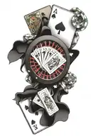 A roulette wheel surrounded by money bags and playing cards, representing the thrill of gambling and winning big tattoo design idea