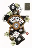 A roulette wheel surrounded by money bags and playing cards, representing the thrill of gambling and winning big tattoo design idea