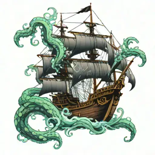 A pirate ship being attacked by Kraken tentacles tattoo design idea