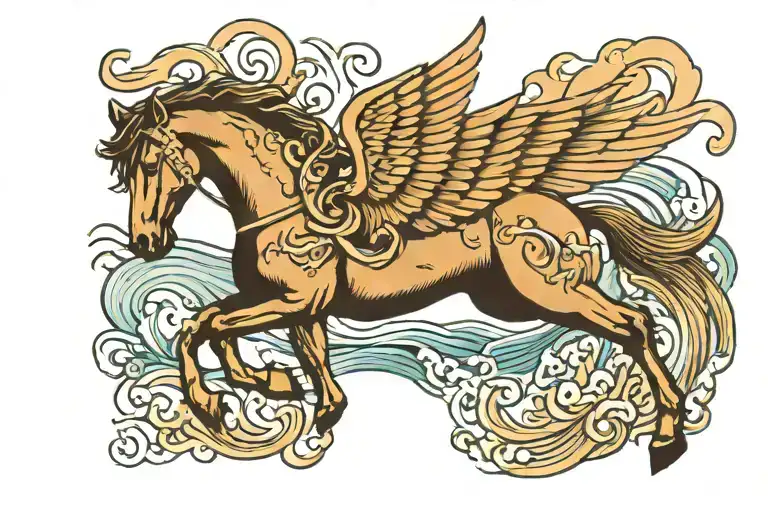 Horse with wings surrounded by waves, with quote/writing below it tattoo design idea