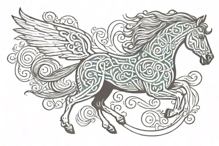 Horse with wings surrounded by waves. add celtic style background to it.  tattoo design idea
