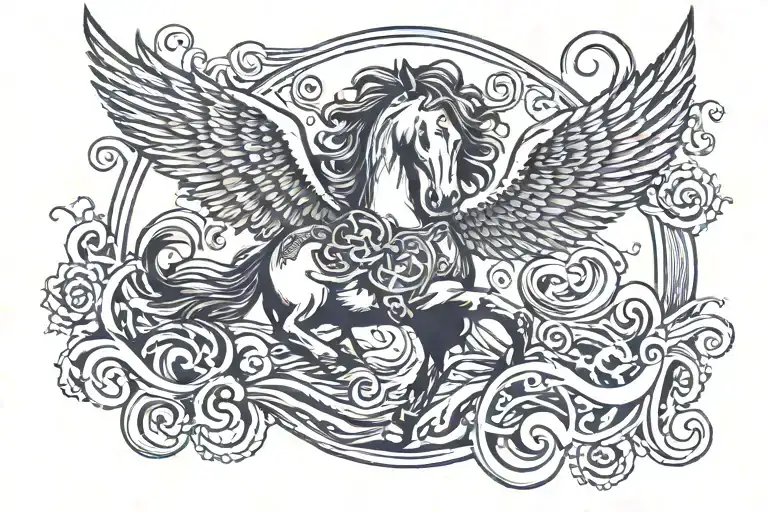 Horse with wings surrounded by waves, with quote/writing below it. add celtic style background to it tattoo design idea