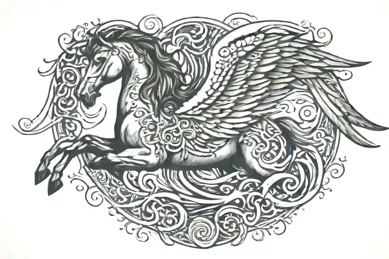 Horse with wings surrounded by waves. add celtic style background to it.  tattoo design idea