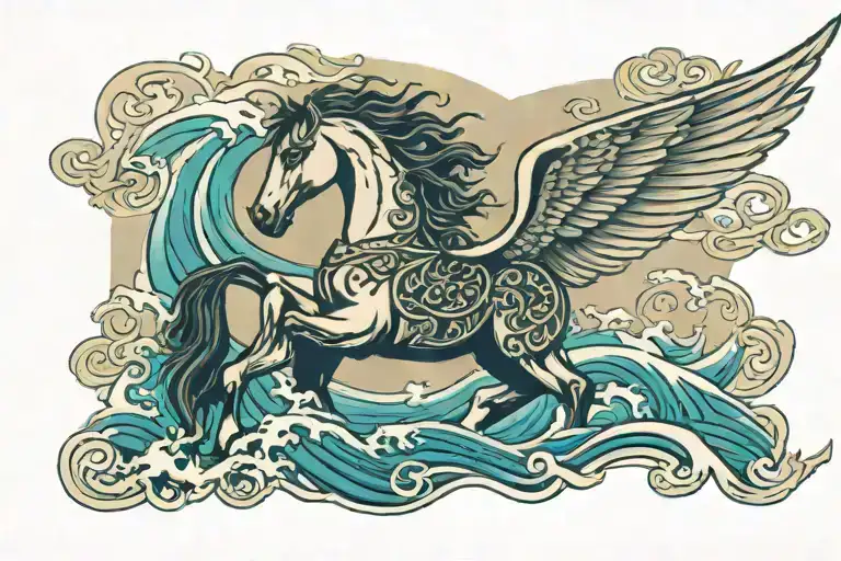 Horse with wings surrounded by waves. add celtic style background to it. Add a sentence of writing  tattoo design idea