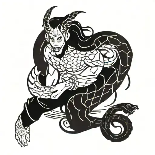 loki norse chained in a rock and snake slithering tattoo design idea