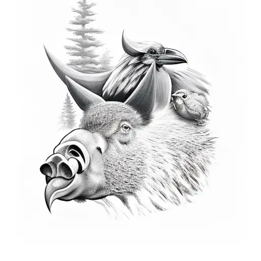 Raven with boar family in the wood with lake tattoo design idea