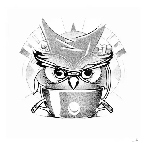 a mix of elements with a mechanic lego man, coffe cup, pig, owl and hummingbird tattoo design idea