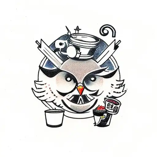 a mix of elements with a mechanic lego man, coffe cup, pig, owl and hummingbird tattoo design idea